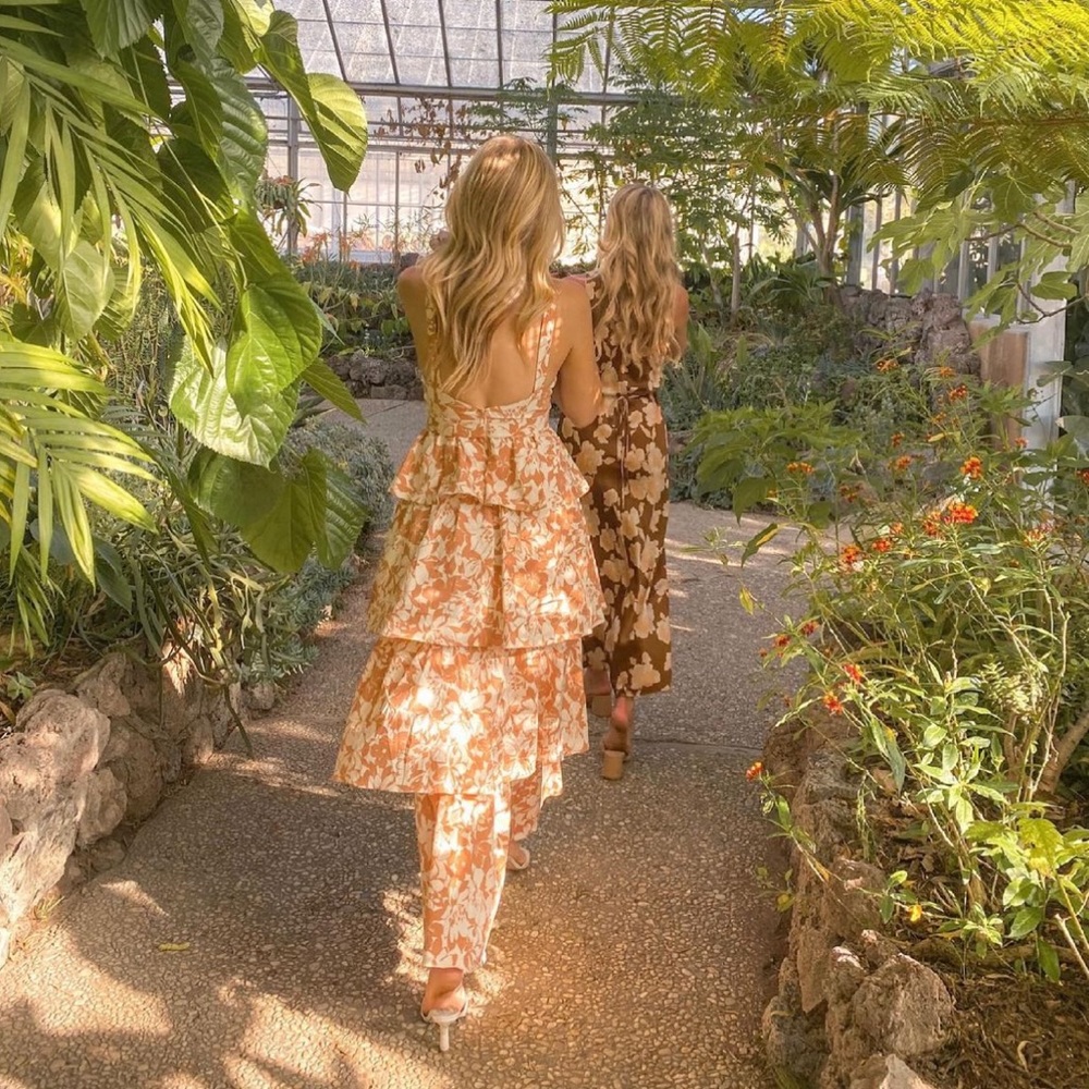 Lovers + Friends Tiered Floral Maxi Dress in Peach and Cream